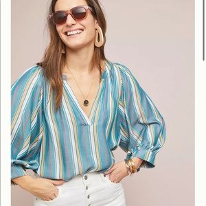 Anthropologie Maeve Bryon Blue Orange & White Striped Peasant Top Small